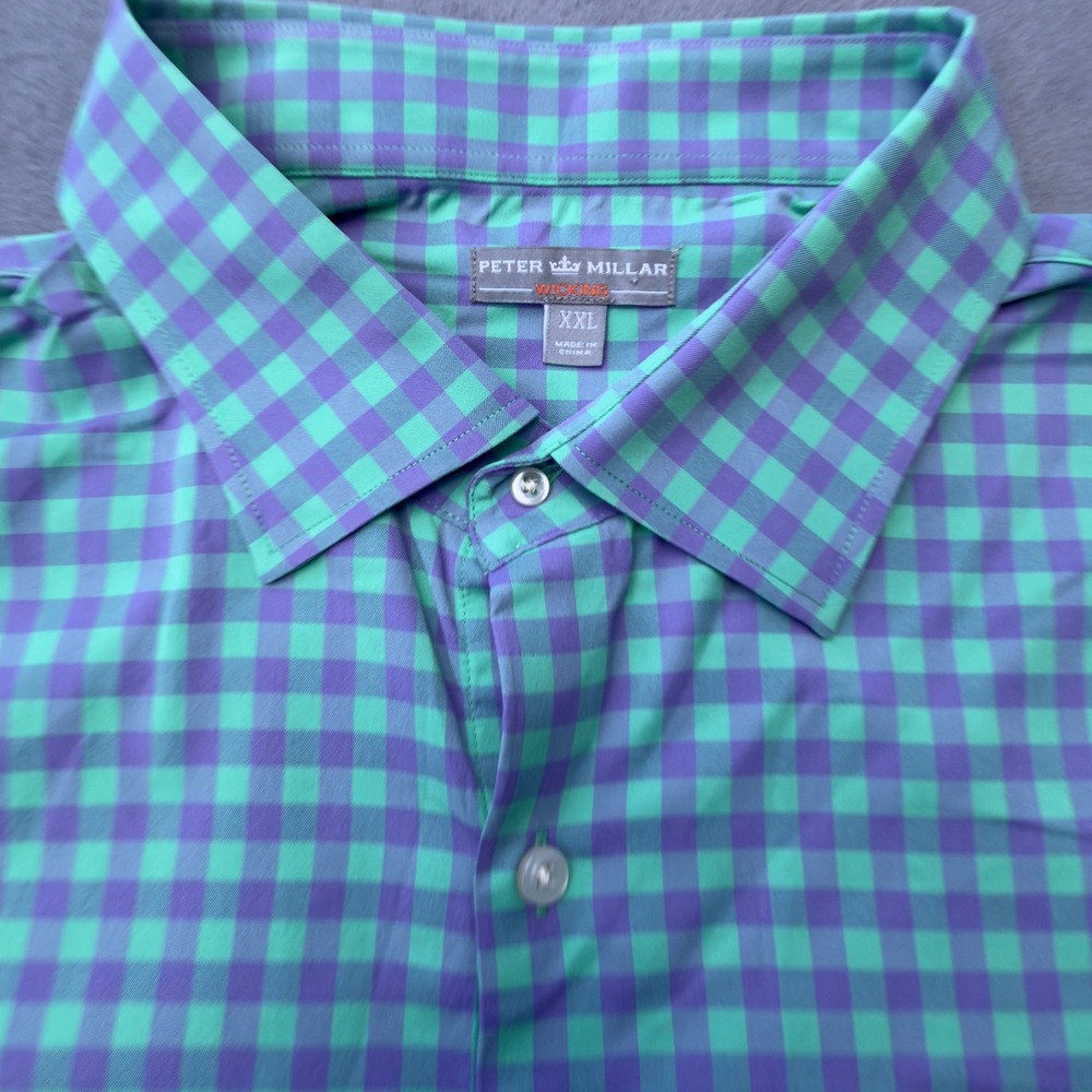 Peter Millar XXL Mens Green Purple Gingham Wicking Long Sleeve Button Down Shirt - Picture 2 of 6